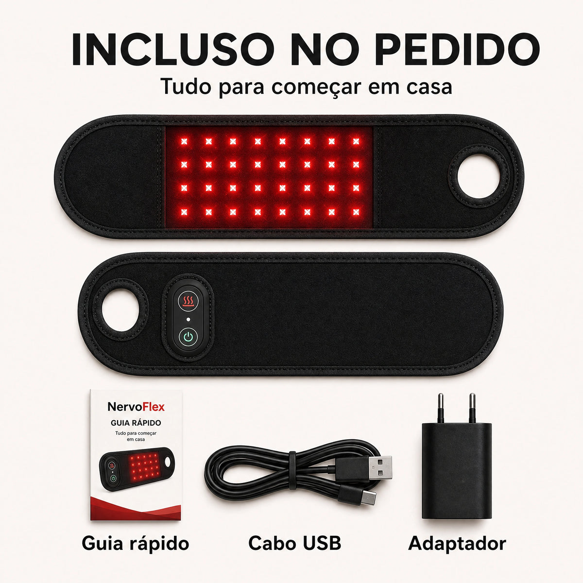 Incluso no pedido: NervoFlex, guia rápido, cabo USB e adaptador