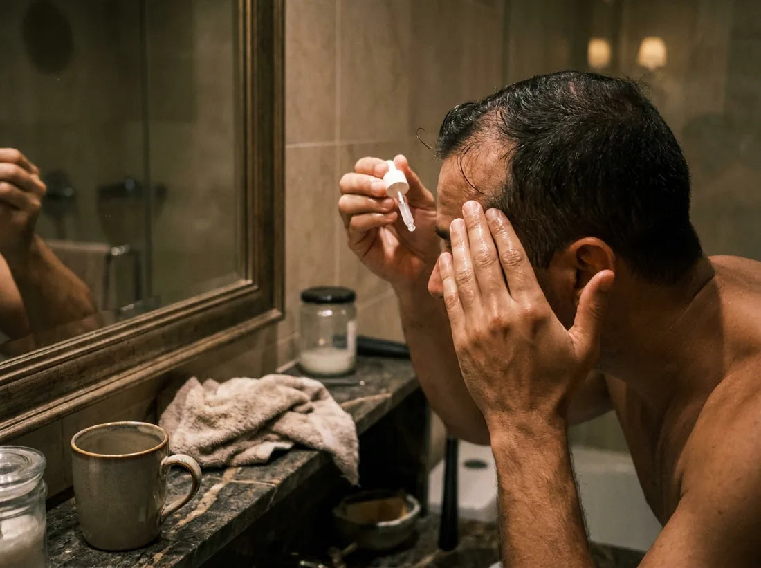 Homem aplicando produto tópico no cabelo em frente ao espelho do banheiro