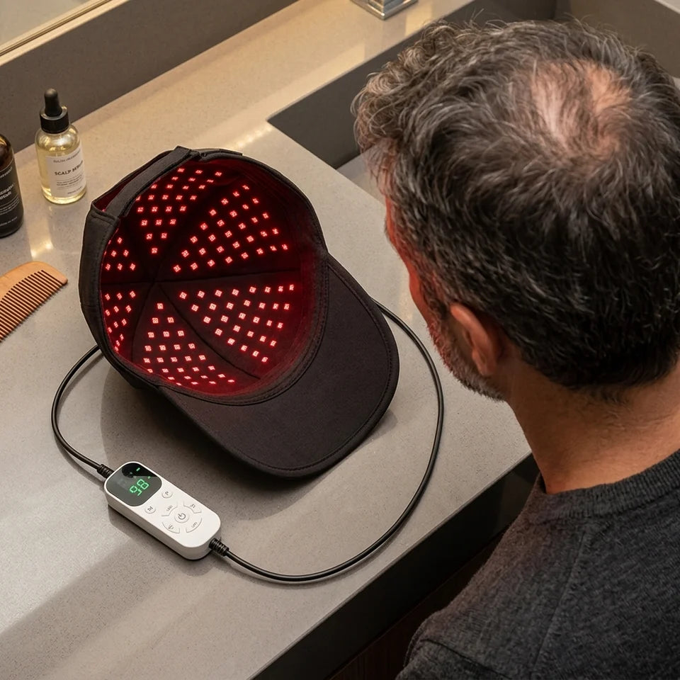 Homem posicionando o RevitaHair aberto próximo ao couro cabeludo para estímulo com luz vermelha