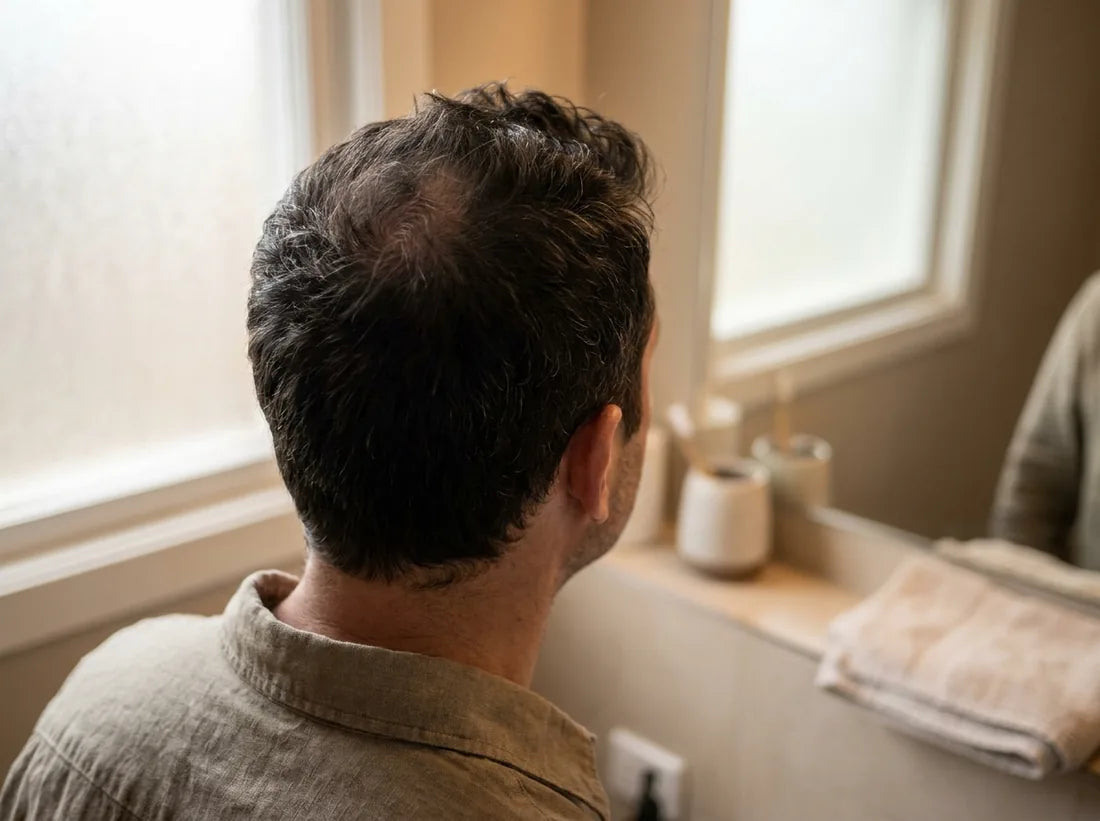 Topo da cabeça masculina com coroa começando a aparecer