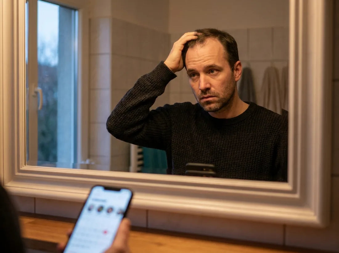 Homem observando a entrada do cabelo no espelho enquanto o tempo passa