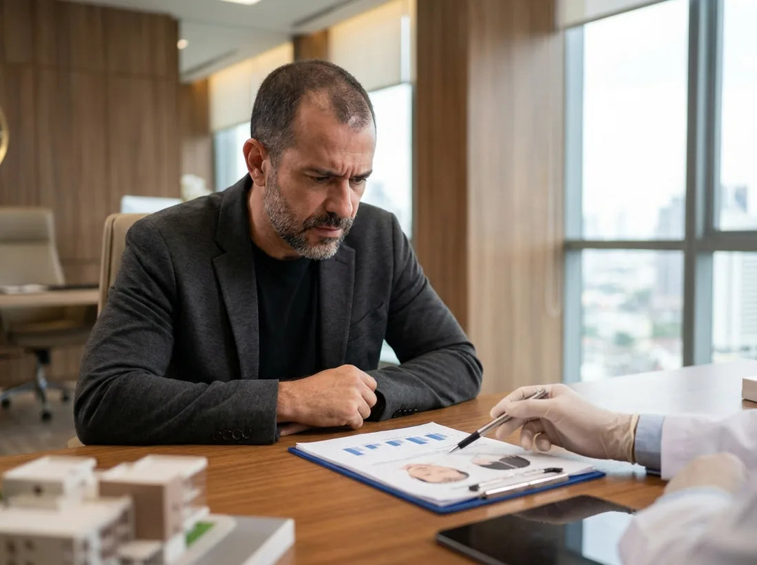 Homem em consulta avaliando tratamento capilar de alto investimento