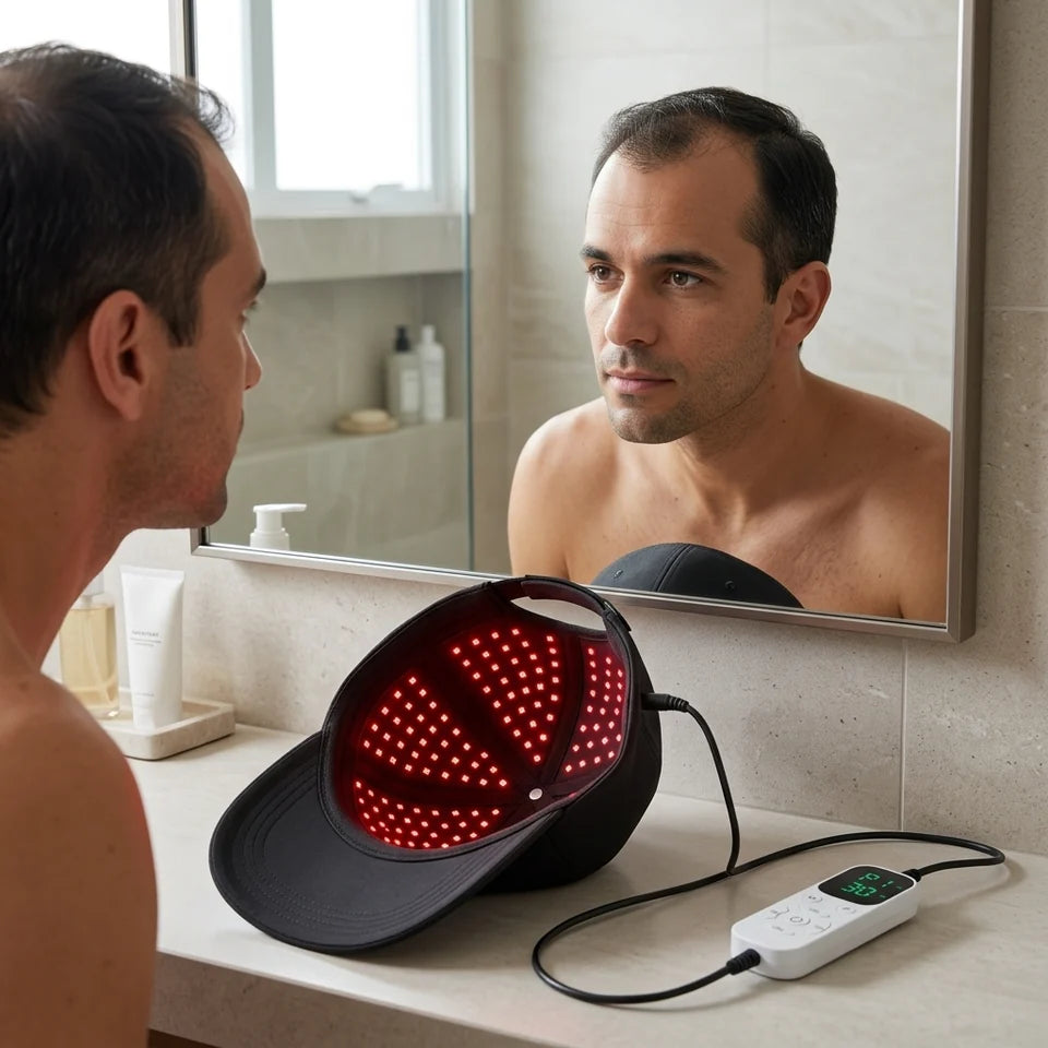Homem observando sinais iniciais de afinamento capilar com RevitaHair ao lado
