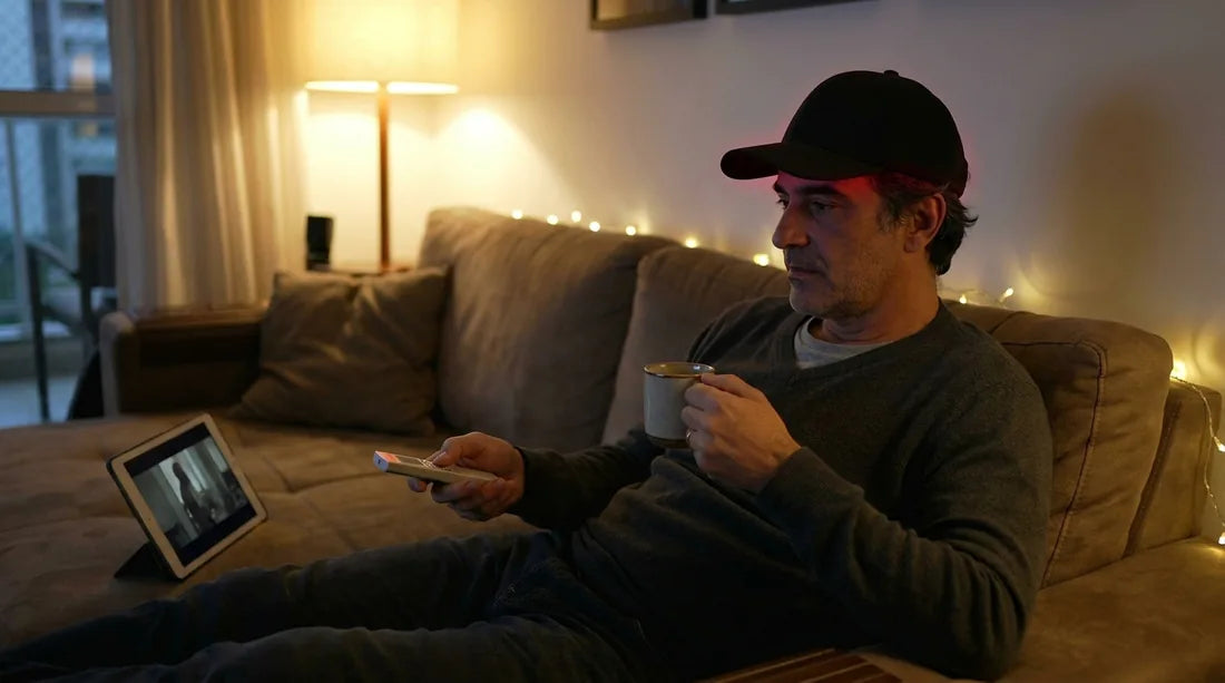 Homem usando boné RevitaHair no sofá enquanto aciona o controlador e toma café